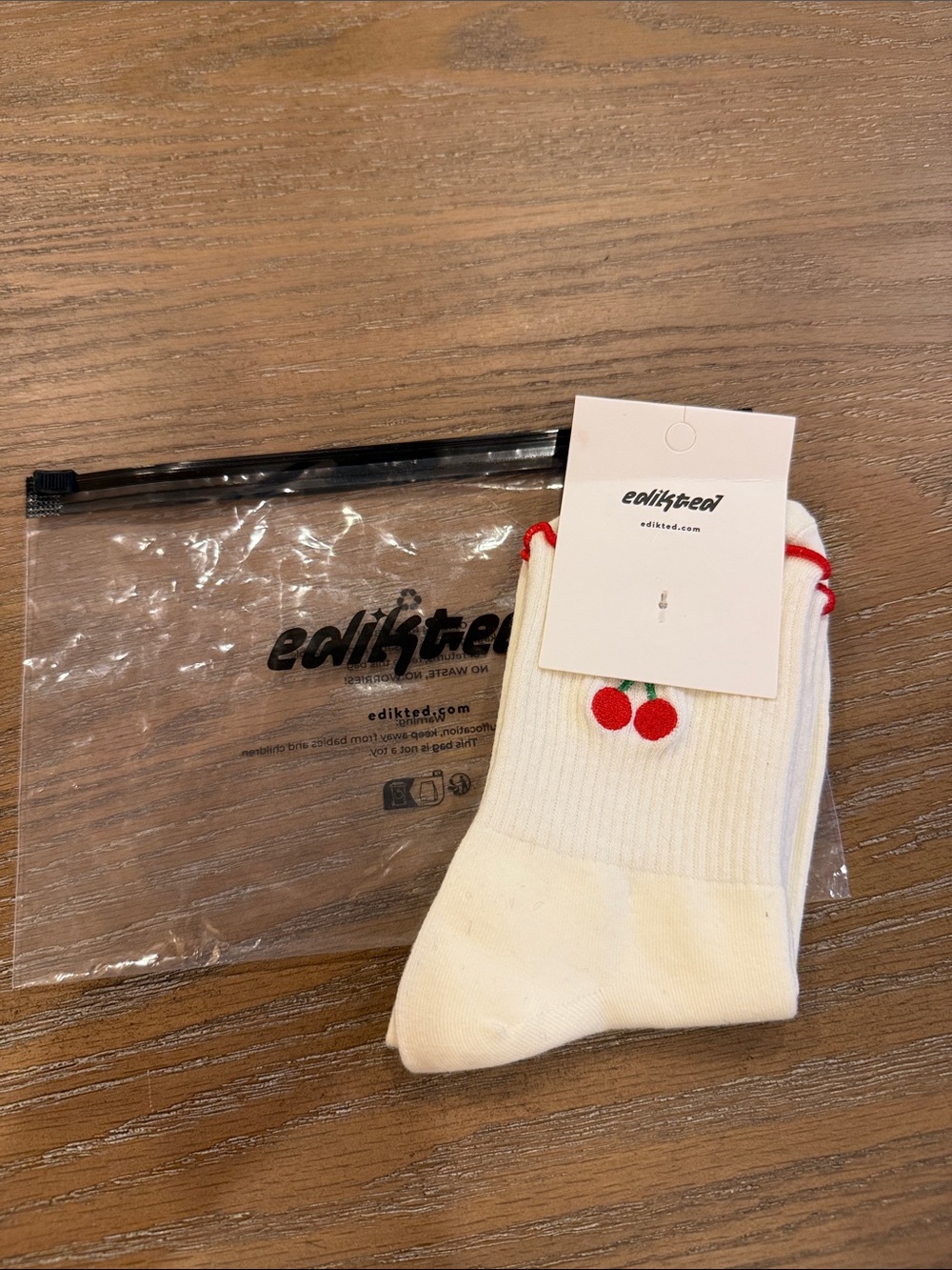 Edikted White Crew Socks with Red Cherry Detail